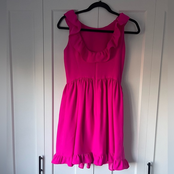 Kate Spade Fuchsia Hot Pink Ruffle Mini Dress With Pockets - Picture 2 of 3